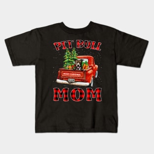 Christmas Pit Bull Mom Santa Hat Truck Tree Plaid Dog Mom Christmas Kids T-Shirt